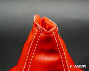 FIAT 500 Gear Shift Boot + Retaining Ring Set- Red EcoLeather w/ White Stitching + ABARTH/ Scorpion Logos